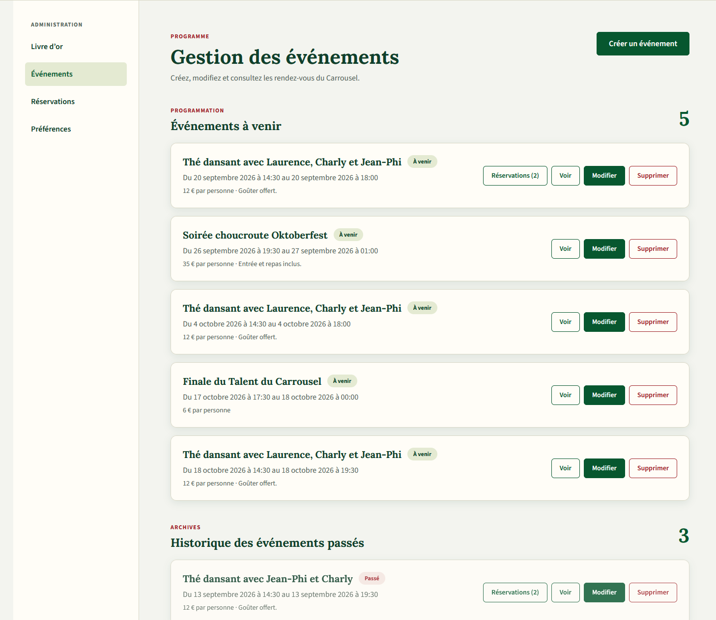 Tableau de bord du Carrousel permettant à l’administrateur de gérer les événements.