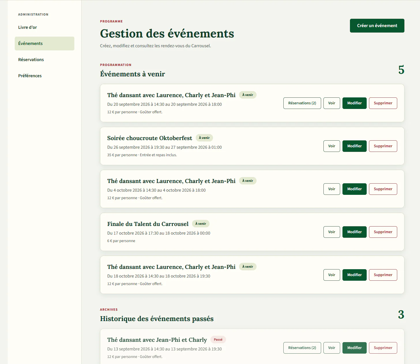 Tableau de bord du Carrousel permettant à l’administrateur de gérer les événements.