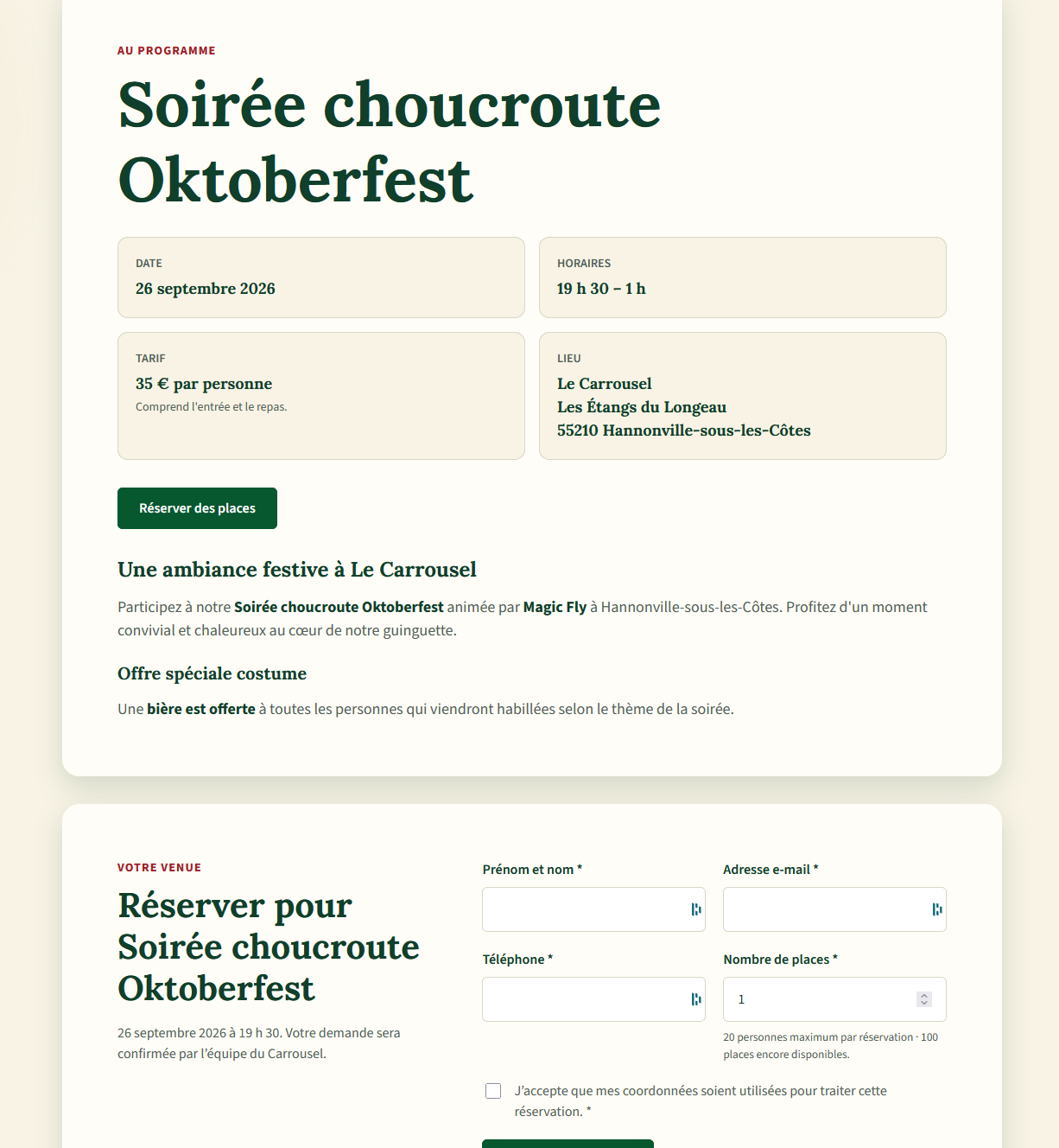Page détaillée d’un événement du Carrousel avec son formulaire de réservation.