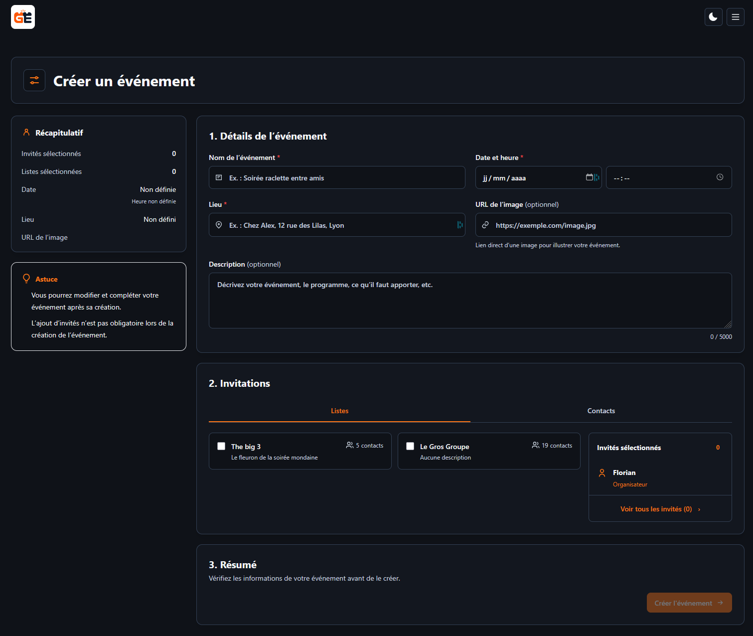 Interface de création d’un événement avec sélection des listes de contacts et des invités.