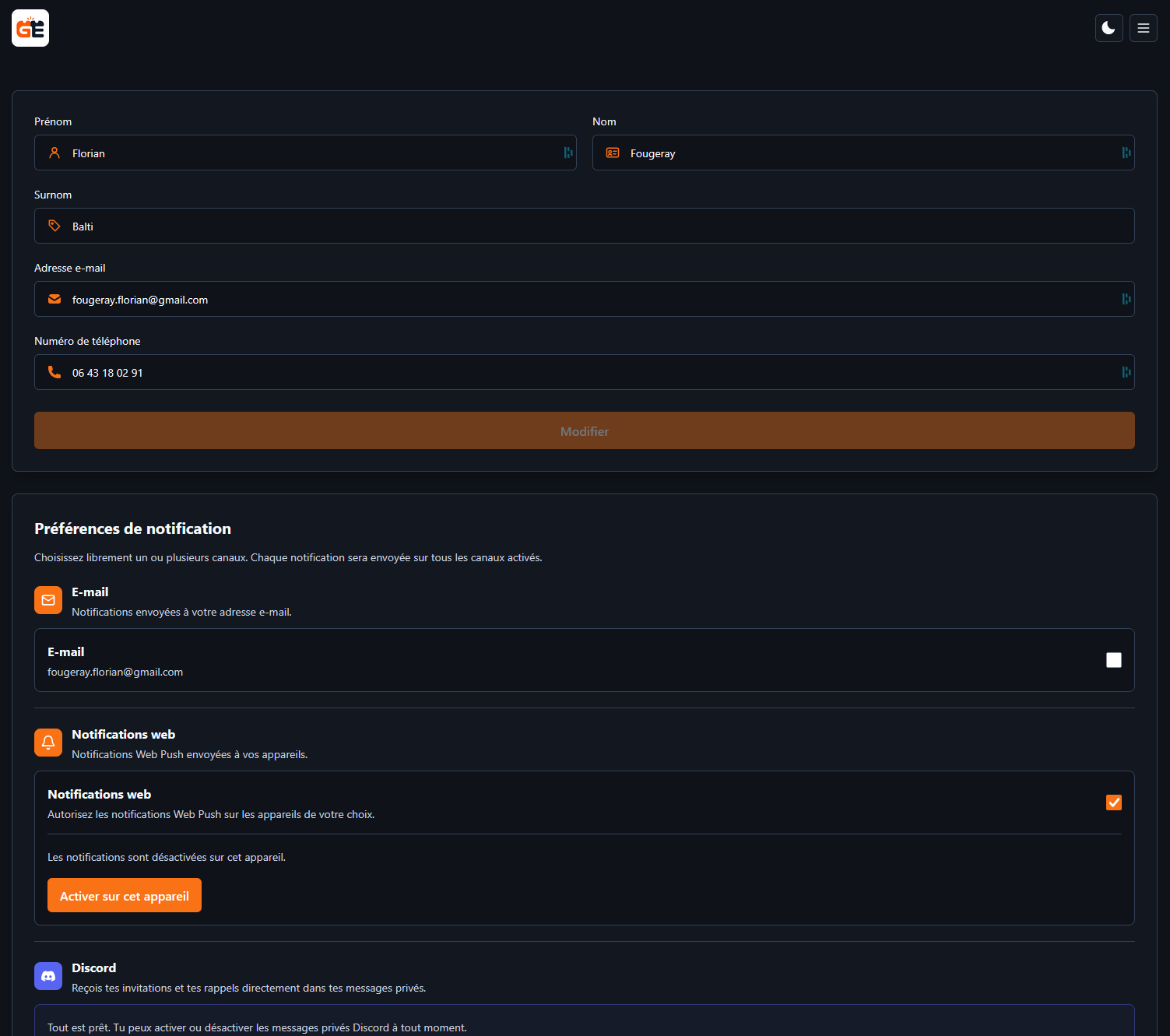 Profil utilisateur de Gros Event avec les préférences de notification par canal.