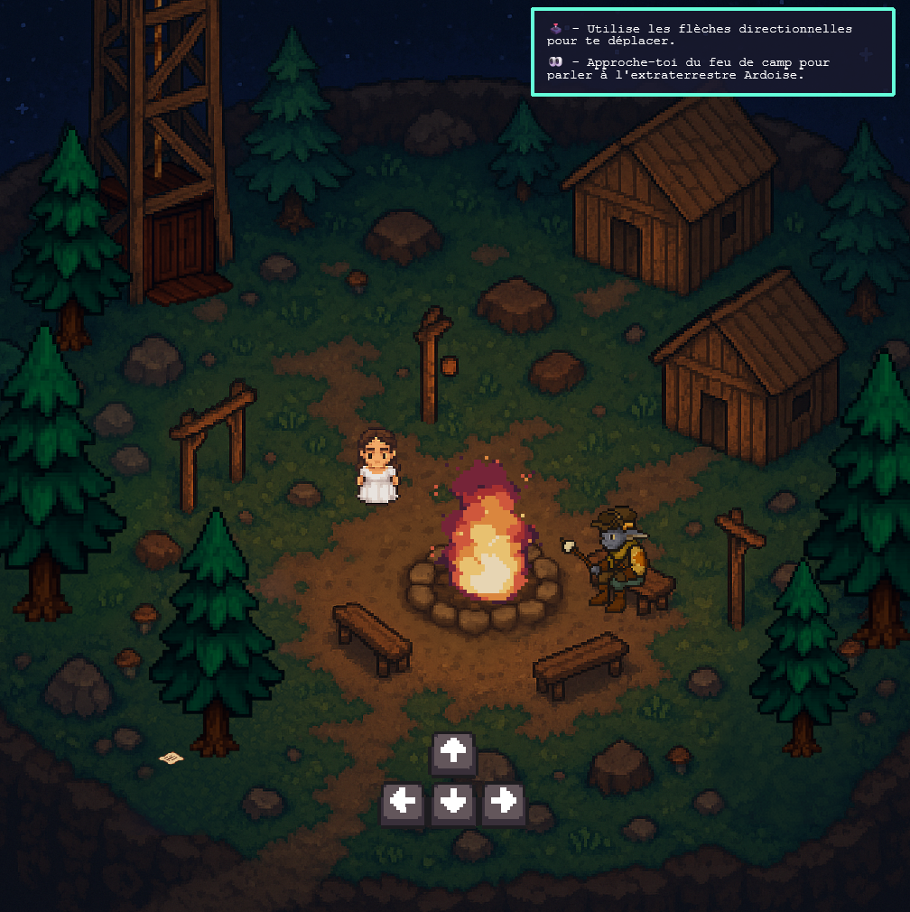Personnage de la mariée explorant un campement en forêt dans Stellar Wedding.