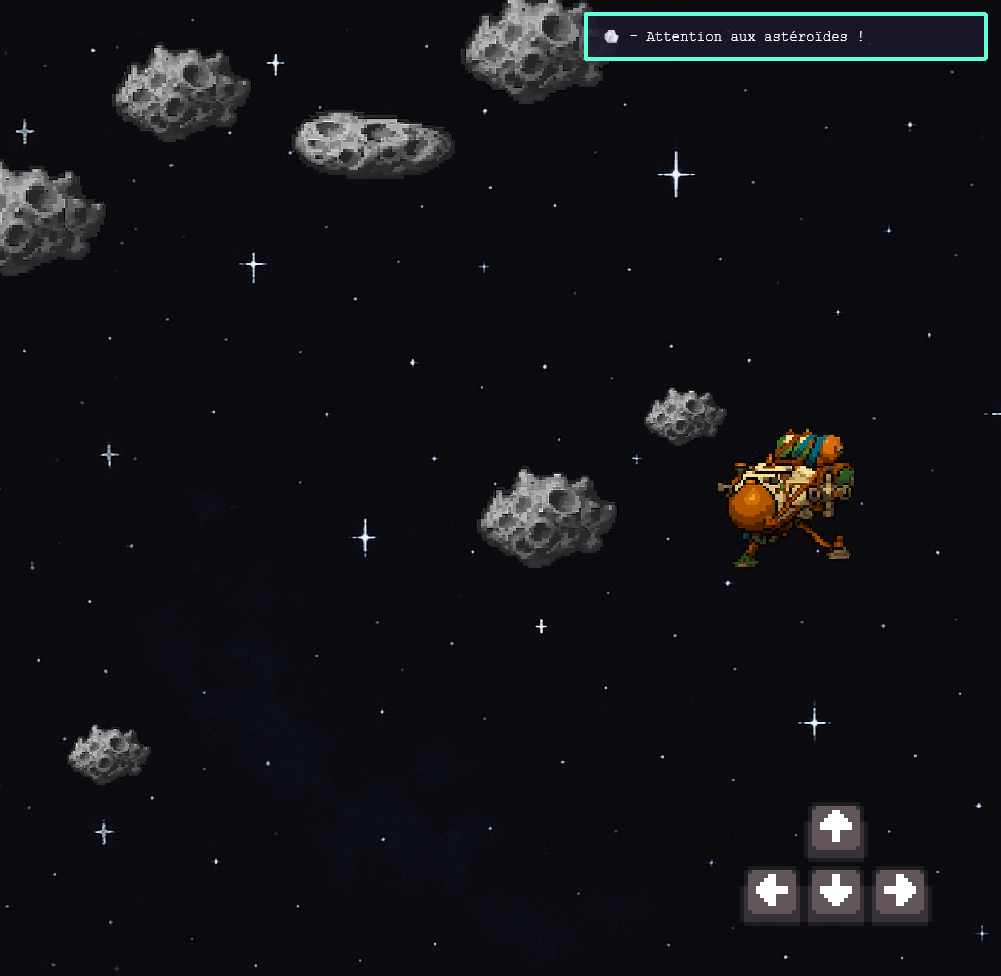 Vaisseau spatial naviguant entre des astéroïdes dans Stellar Wedding.