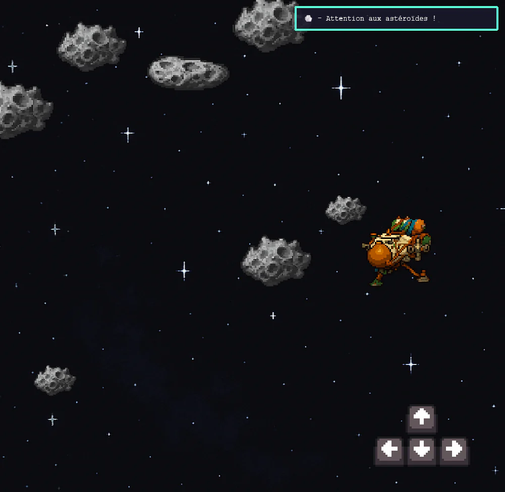 Vaisseau spatial naviguant entre des astéroïdes dans Stellar Wedding.